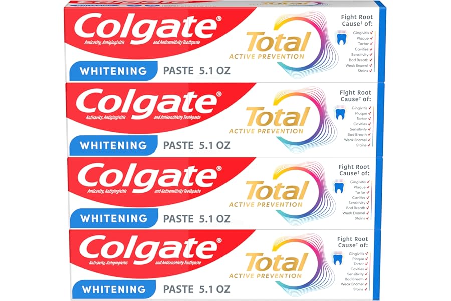 Colgate Total Whitening Toothpaste Paste, 5.1 oz, 4 Pack, Fluoride, Antibacterial, for Plaque, Gingivitis, Sensitivity, Stain Removal, Clinically Proven, Mint, Teeth Whitening, Stannous Fluoride