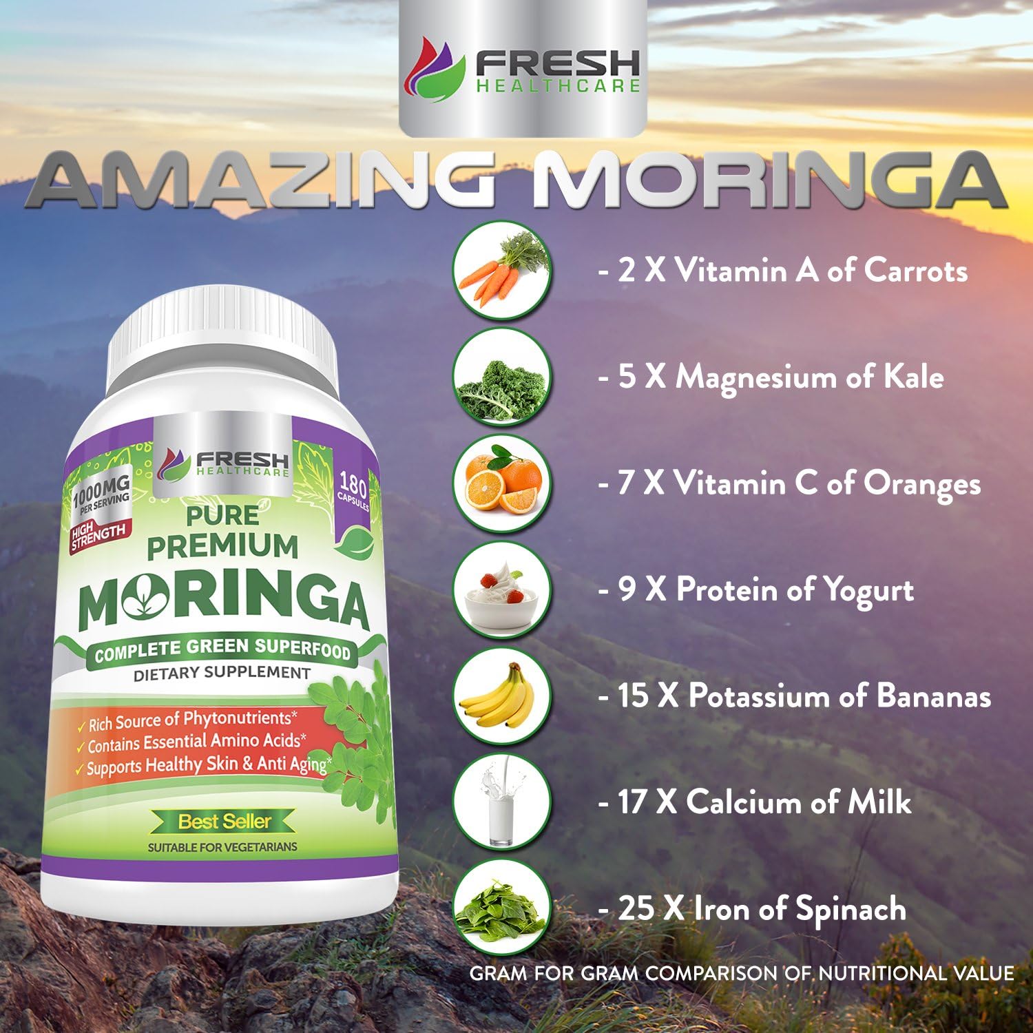 Moringa Oleifera 180 Capsules – 100% Pure Leaf Powder - Max 1000mg Per Serving | eBay