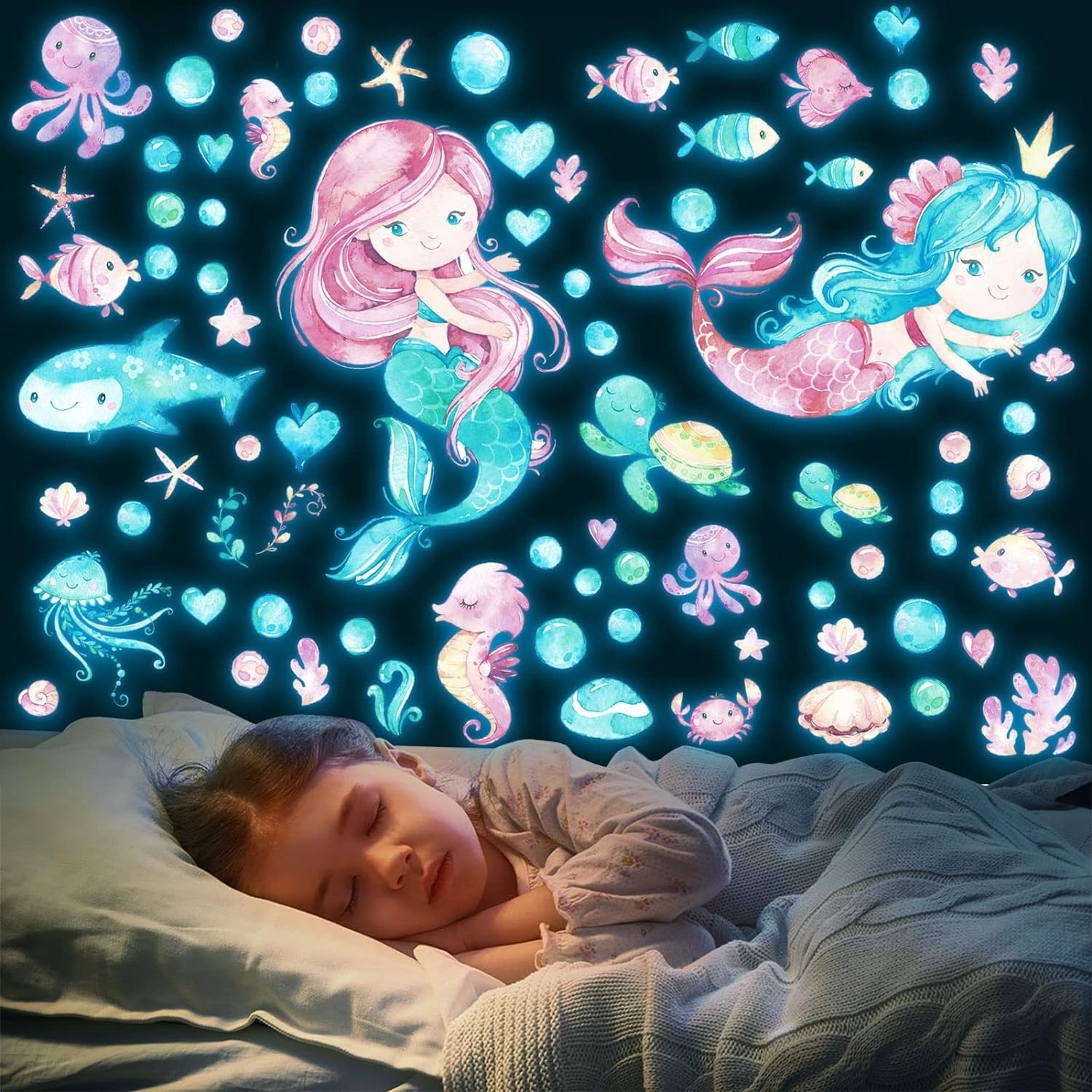 Tarklanda Glow in The Dark Mermaid Wall Decals Luminous Sticker Ceiling Decor Glowing Under The Sea Ocean Fish Wall Stickers for Kids Girls Bedroom Baby Nursery Wall Decor Blue — image 1
