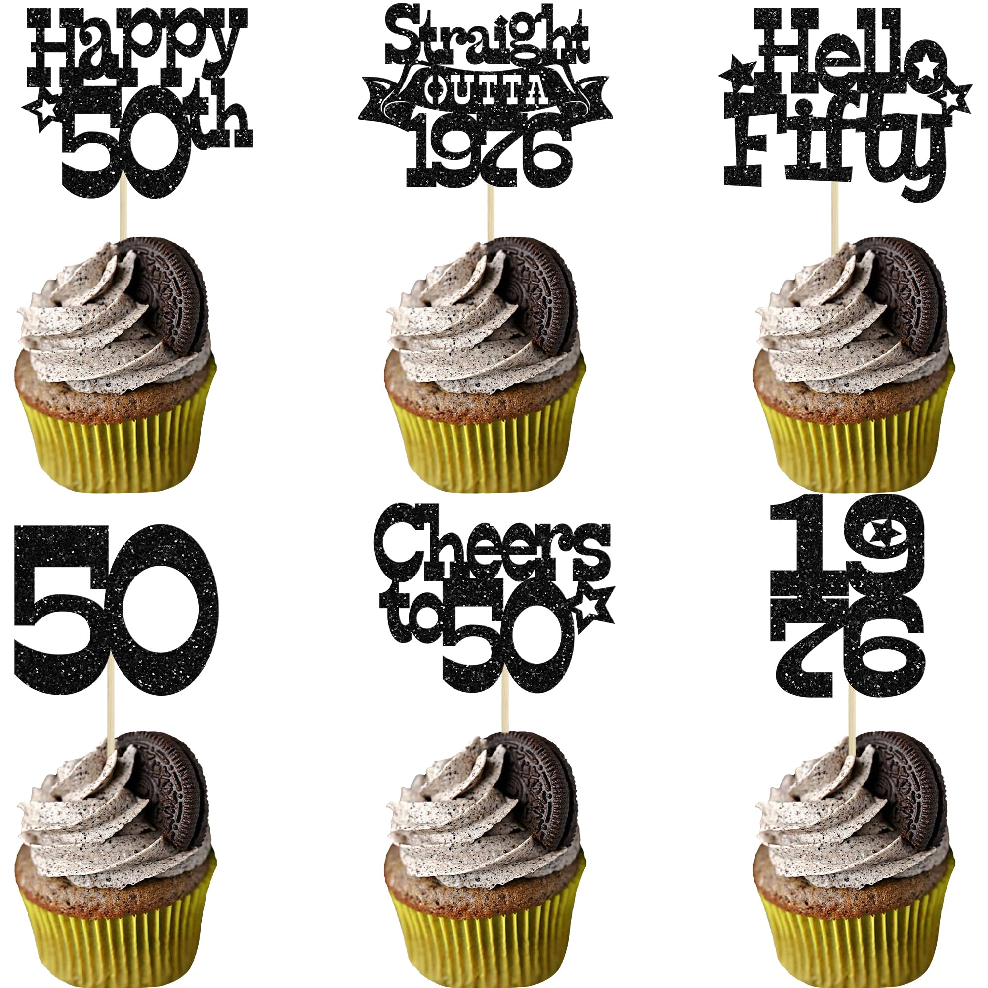 Ephlyn 30Pcs Straight Outta 1976 Cupcake Toppers Glitter Fifty Happy 50th Birthday Cupcake Picks Cheers to 50 Years Cake Decorations for Happy 50th Birthday Anniversary Party Supplies Black
