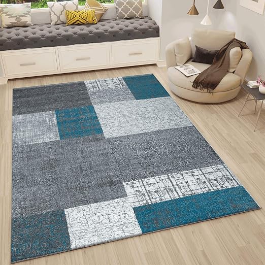 Vimoda Tapis à Poils Ras En Turquoise Bleu Gris Et Blanc Salon Tapis Modernes Kachel Optik Facile à Entretenir Turquois 200x290 Cm