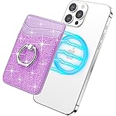 Gospire Magnetic Wallet with Ring for iPhone 16/15/14/13/12 Series, Magnetic Wallet Glitter with Credit Card RFID Blocking & 360°Rotation Stand, Card Holder Compatible with Mag Safe Cases - Purple