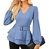 GRACE KARIN Women Work Peplum Tops,Long Sleeve Dressy Casual Blouses,V Neck Business Shirt Fall Outfits with Belt