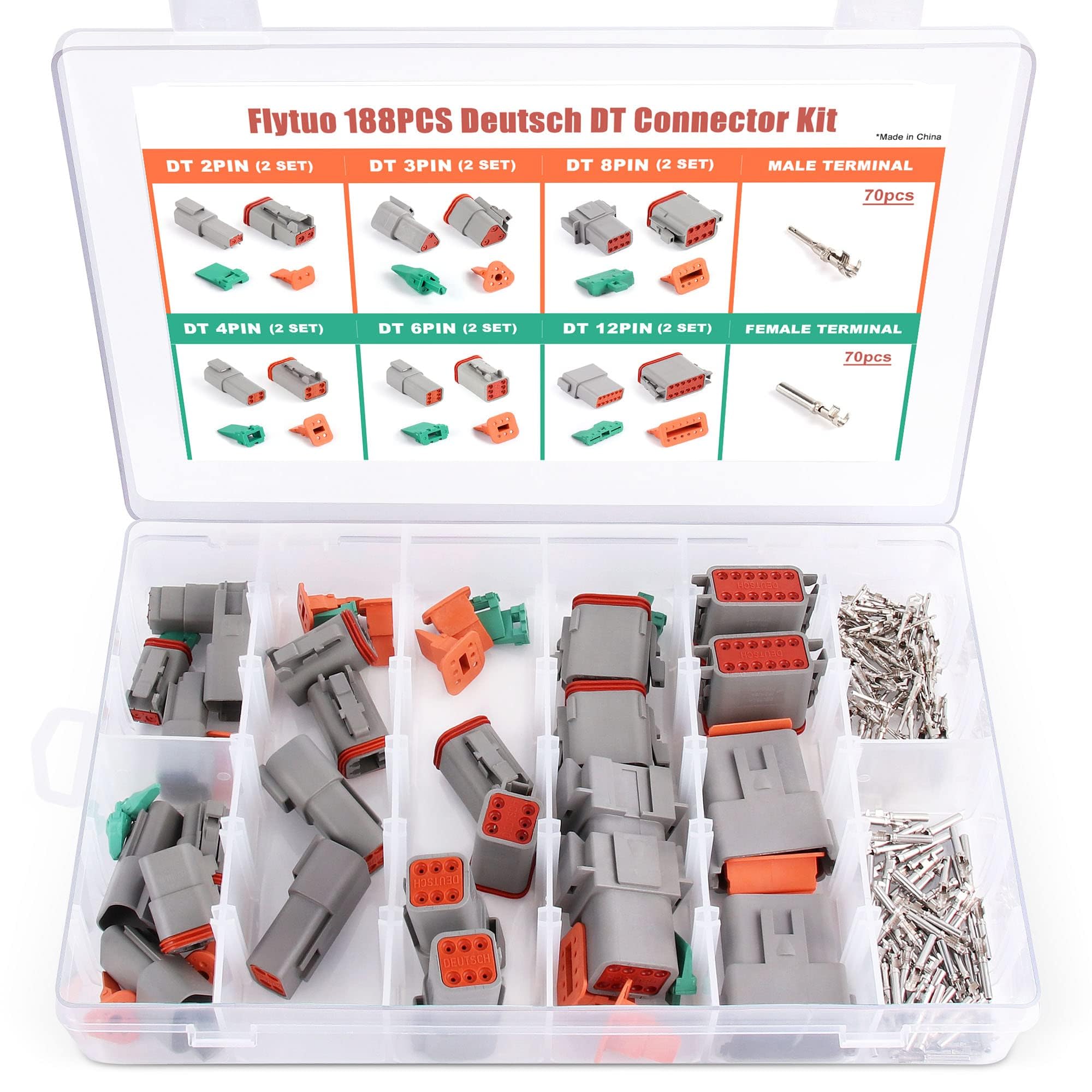 Flytuo 188PCS Deutsch Connector Kit, 12 Sets 2/3/4/6/8/12 Pin Automotive Waterproof Car Electrical Wire DT Connectors Plug for Motorcycle, Truck, Car, Boats, Scooter(14-20AWG)