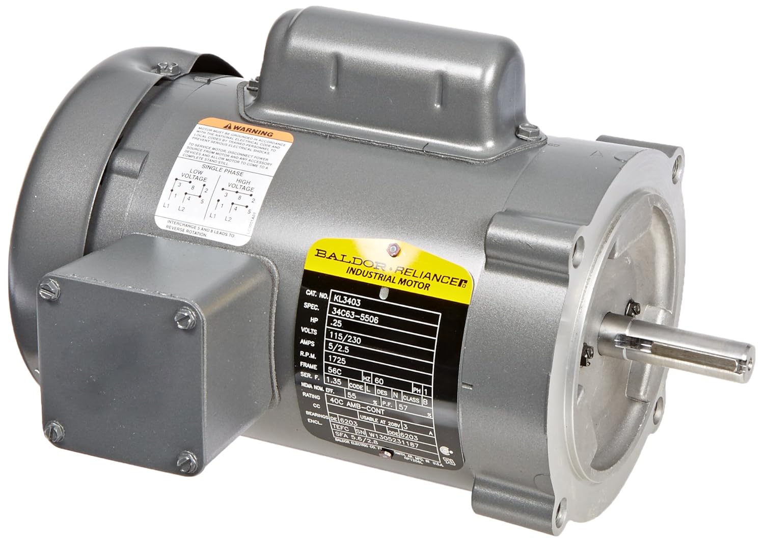 Baldor KL3403 General Purpose AC Motor, Single Phase, 56C Frame, TEFC Enclosure, 1/4Hp Output, 1725rpm, 60Hz, 115/230V Voltage