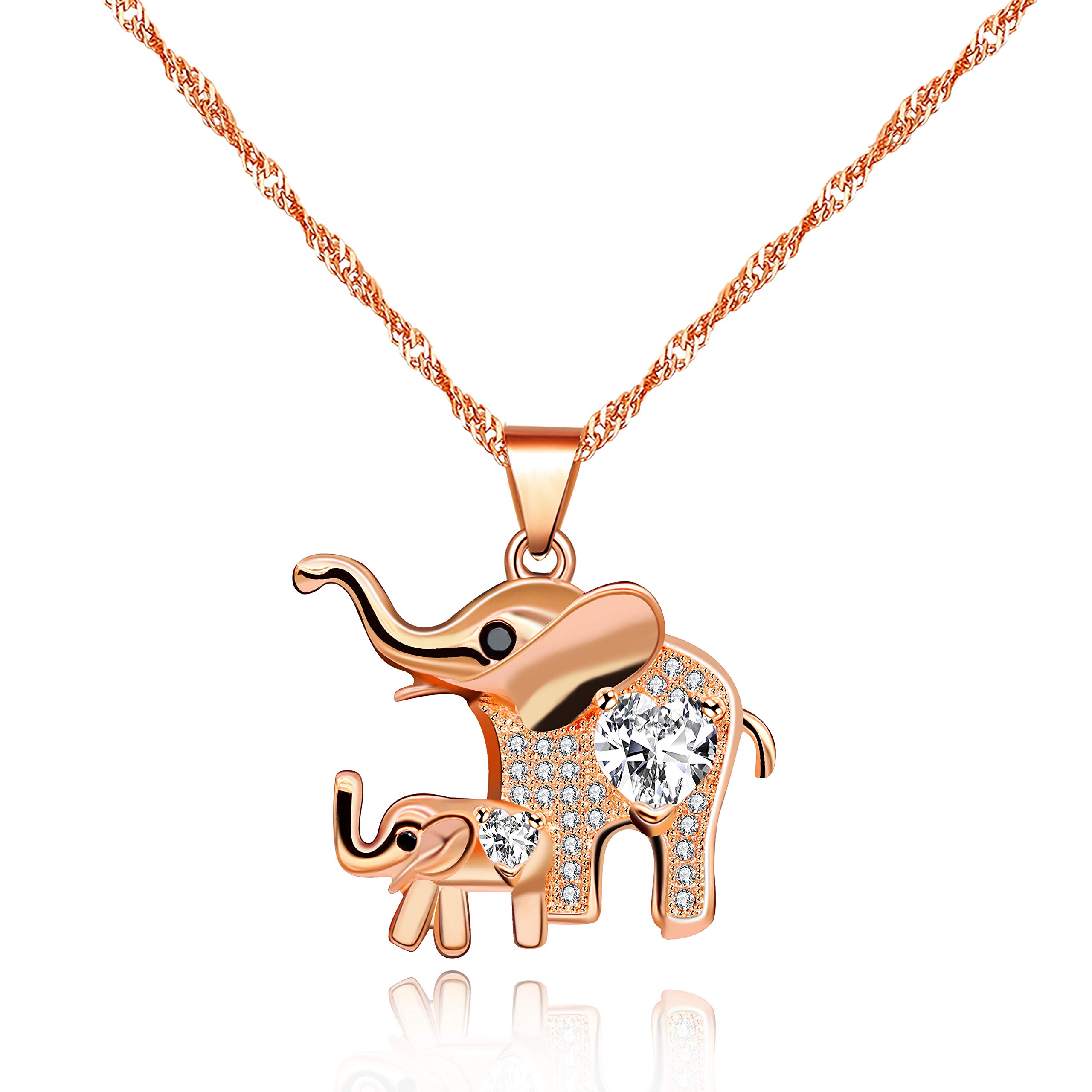 Uloveido Rose Gold Color Mom Kid Heart Crystal Elephant Pendant Necklace for Women Girls Good Luck Necklace for Daughter Mother Y484