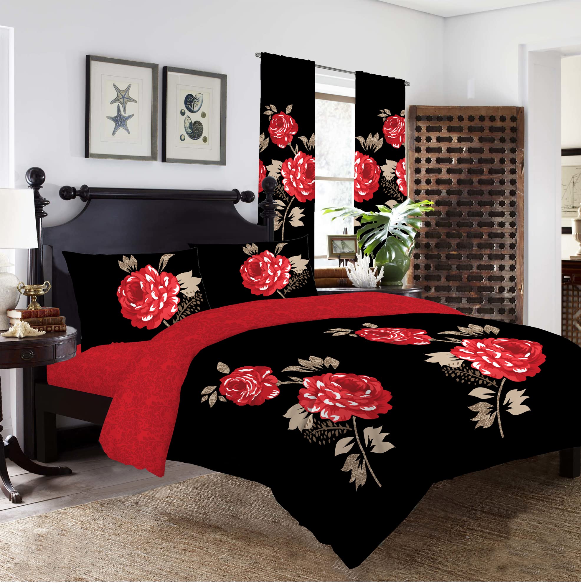 JRI 4 Piece Qaisiria Lisa Black Red Duvet Cover Bedding Set Plain Luxury Set Include (1xDuvet Cover, 1xFitted Sheet, 2x Pillow Case)-Double - (Same Day Dispatch)