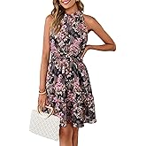 Simplee Womens Floral Summer Halter Dress A Line Sleeveless Emipre Waist Tiered Mini Boho Sundress Beach Vacation Outfits