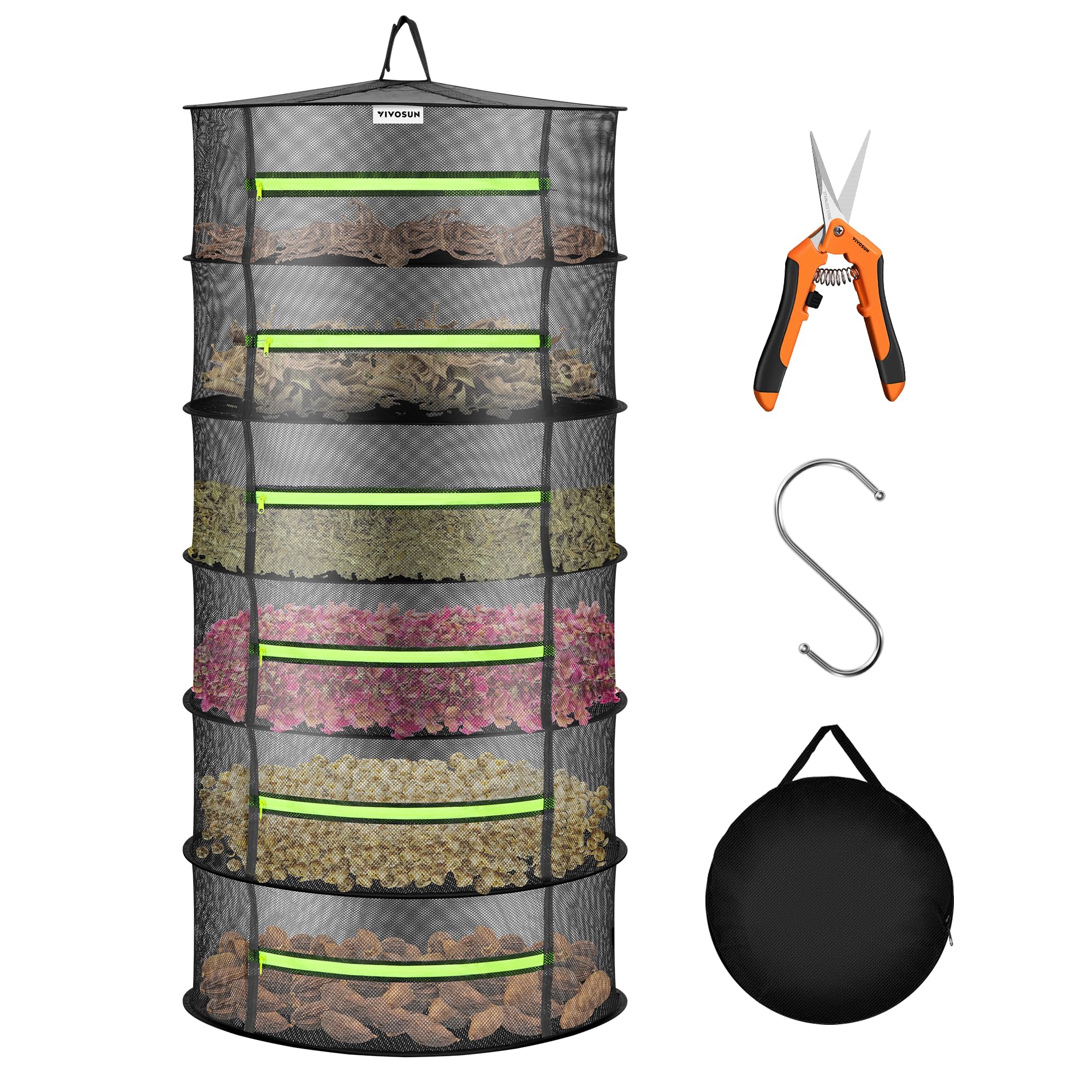 VIVOSUN 6-Layer Mesh Drying Rack Hanging Design with Green Zippers for Dehydrating, Indoor and Outdoor Pruning Shears Included