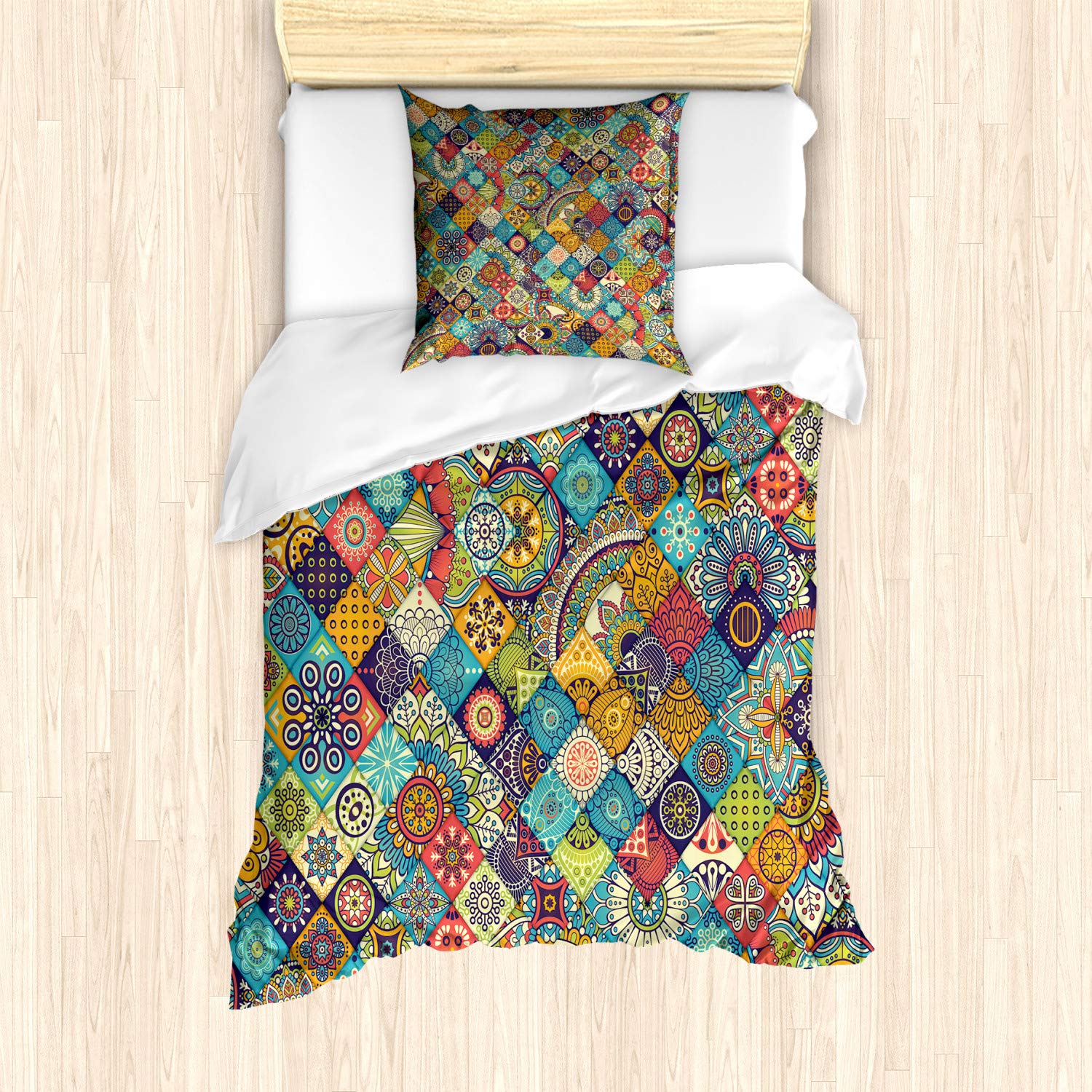 ABAKUHAUS Bohemian Duvet Cover Set, Geometric Pattern Ornamental Floral Folk Art Abstract, Bedding Set 2 Pieces with 1 Pillow Shams, 135 cm x 200 cm, Turquoise Red Brown — image 1