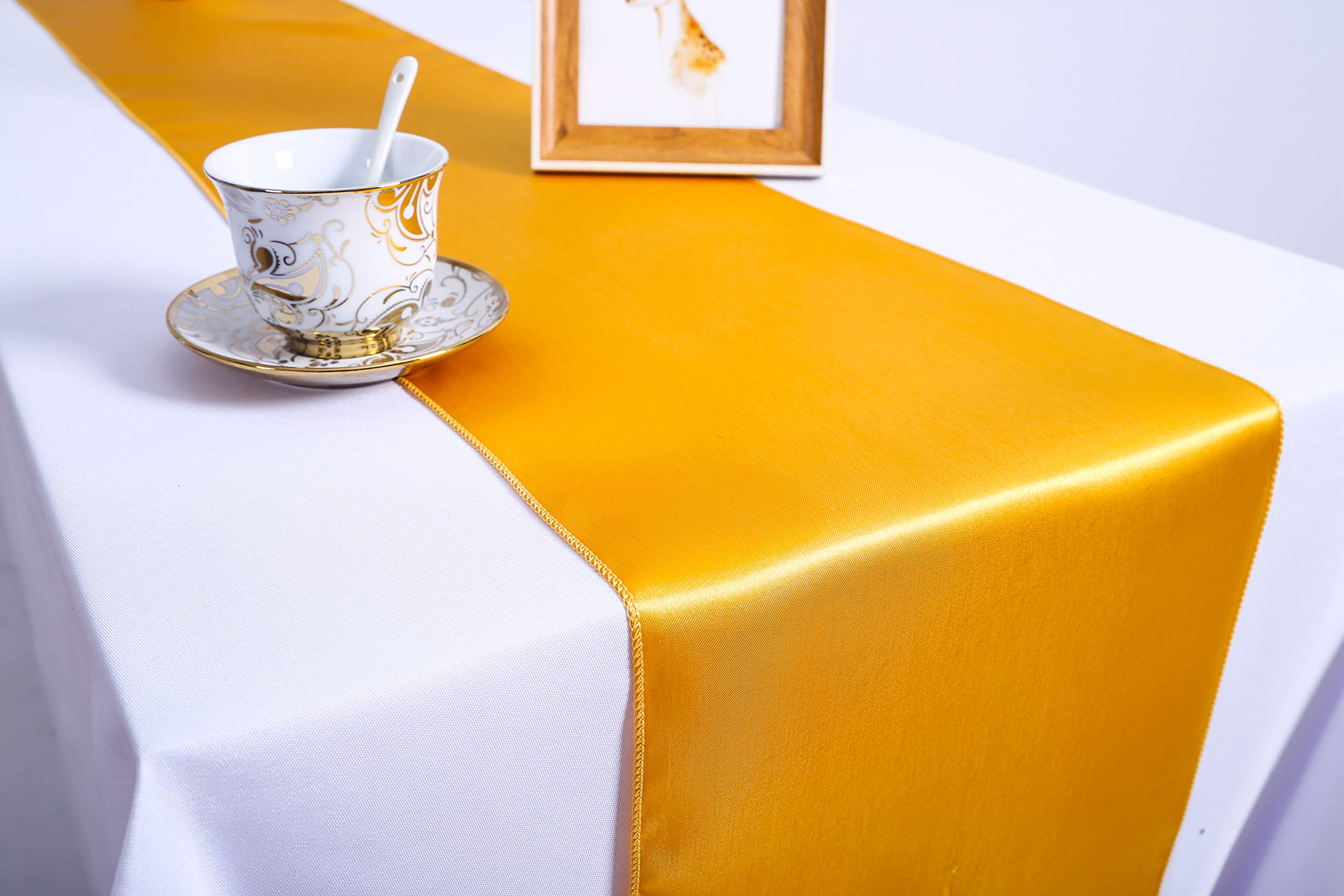 Namvo Pack of 10 Satin Table Runners 12 x 108 inch for Wedding, Reception and Any Party(Gold)