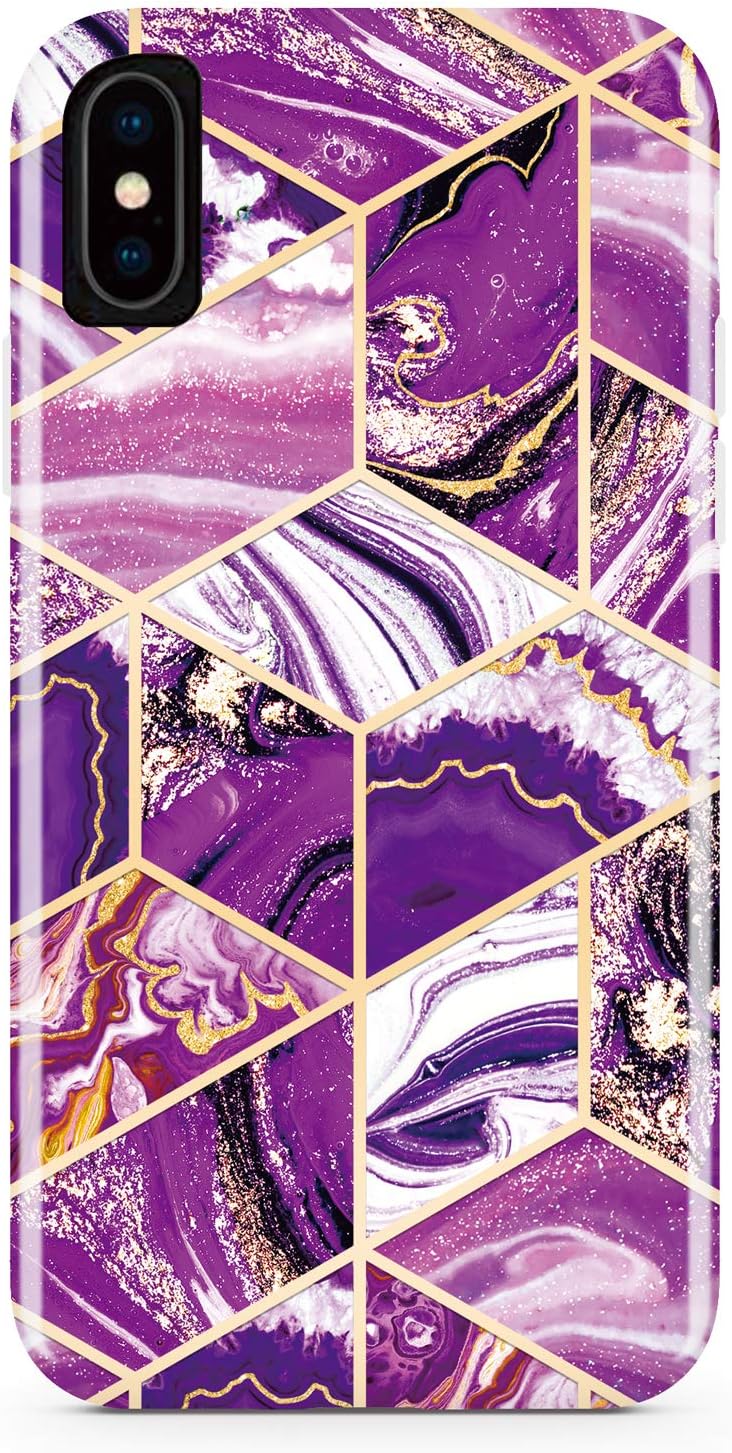 DOUJIAZ Compatible with Bling Glitter Sparkle Marble Design Clear Bumper Glossy TPU Soft Rubber Silicone Cover Phone Case for iPhone X iPhone Xs(Purple Plaid Fantasy)
