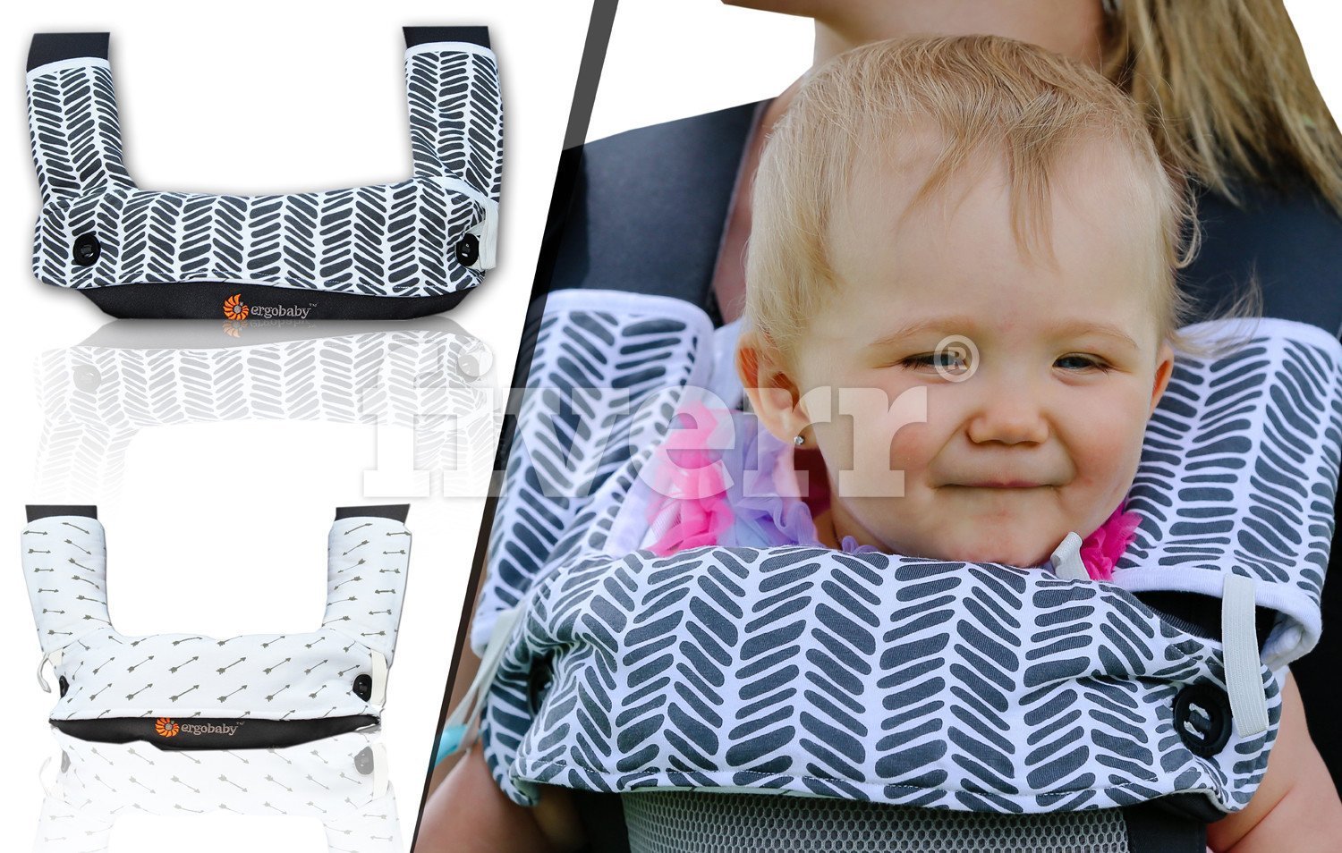 Drool and Teething Pad Reversible Organic Cotton 3-Piece Set Compatible with Ergobaby Four Position 360 Baby Carrier (Grey and White Arrows) [Patent Pending]