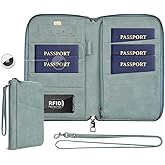 Family Passport Holder Wallet RFID Travel Document Organizer for Women Men, Portable Case Cover for Cards, Boarding Pass with Wrist & Neck Strap, Airtag Pocket, Travel Essentials Gifts (Blue, 1pack)