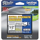 Brother Genuine P-Touch TZE-S231 Label Tape, 1/2" (0.47") Extra Strength Adhesive Laminated P-touch Tape, Black on White, Laminated for Indoor, Outdoor Use,Water Resistant, 26.2 Feet (8M),Single-Pack