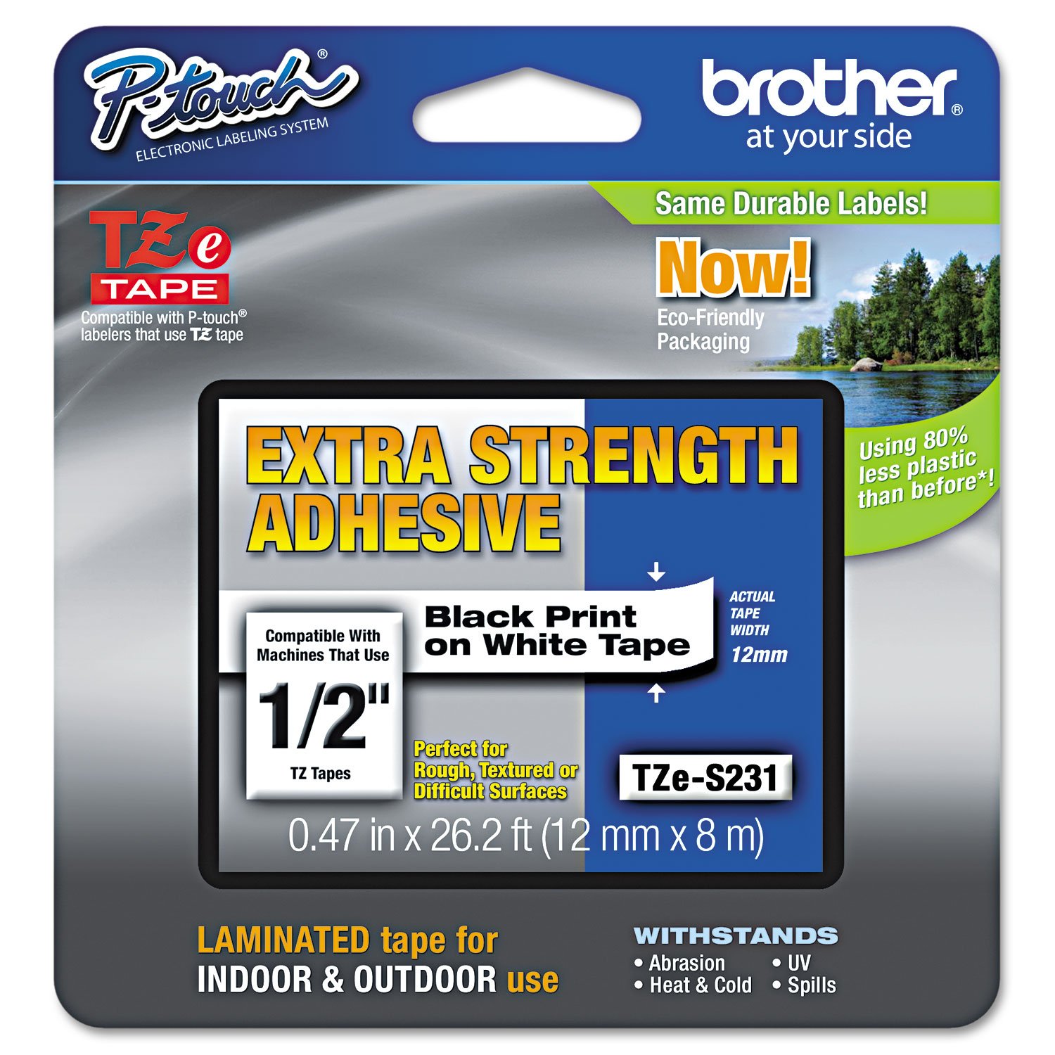 Brother TZe-S231 Labelling Tape Cassette, Black on White, 12mm (W) x 8M (L), Strong Adhesive, Brother Genuine Supplies
