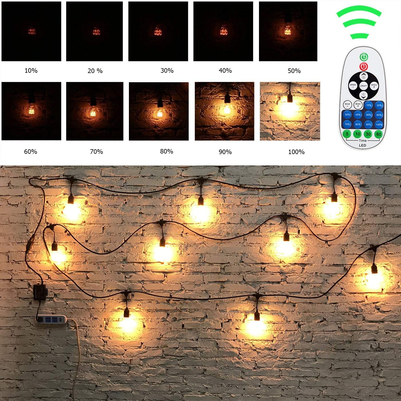 Outdoor Dimmer Switch Plug-in Dimmer Switch for String Lights, Max 800W Bulbs Dimmer Switch with 10 Ft Extension Cord 3 Prong 100 Ft Wireless Remote Control, Timer Function - - 