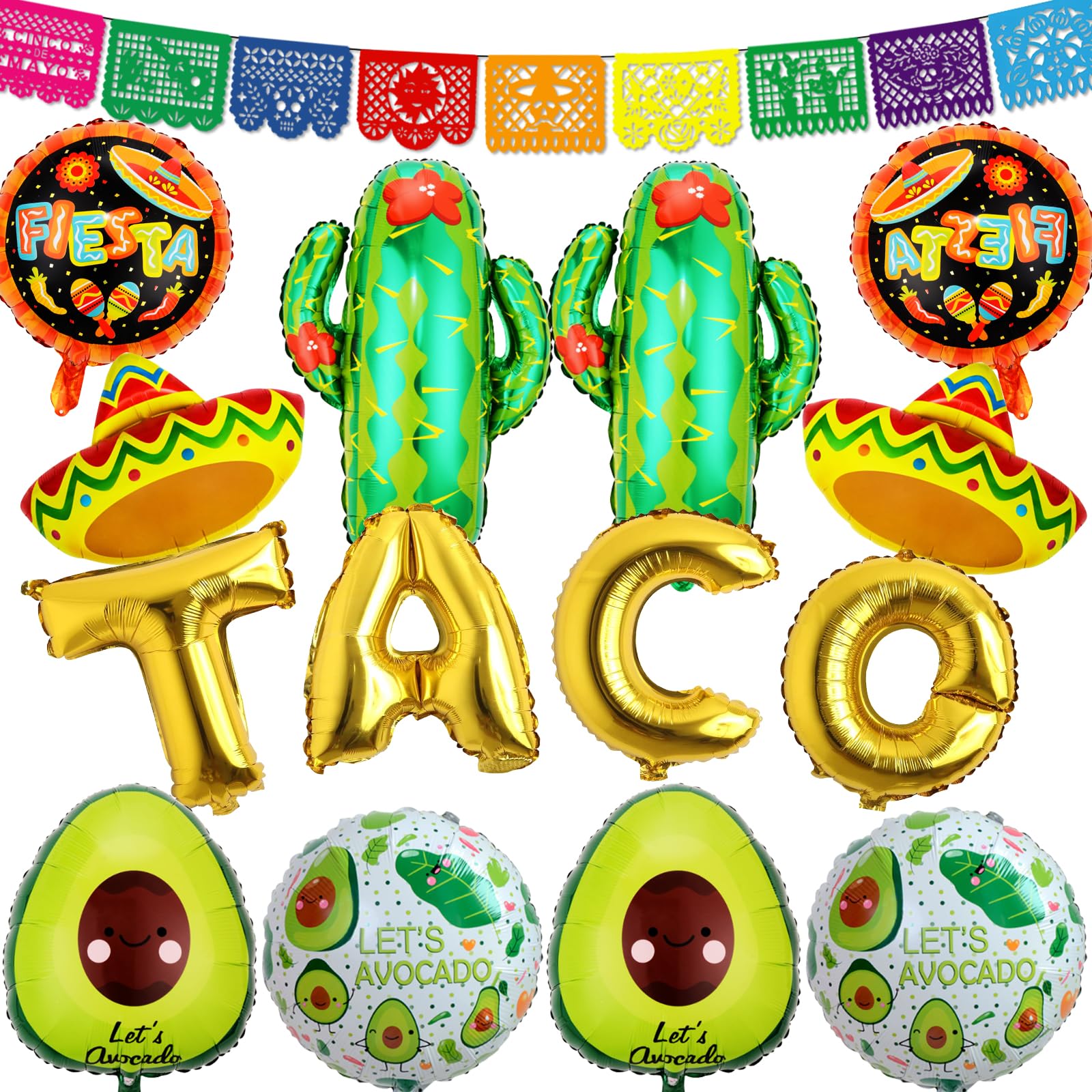 Photo 1 of 18 PCS Fiesta Party Supplies - Taco, Mexican, Cactus, Avocado, Hat Jumbo Mylar Foil Balloons - Cinco De Mayo Party Decorations