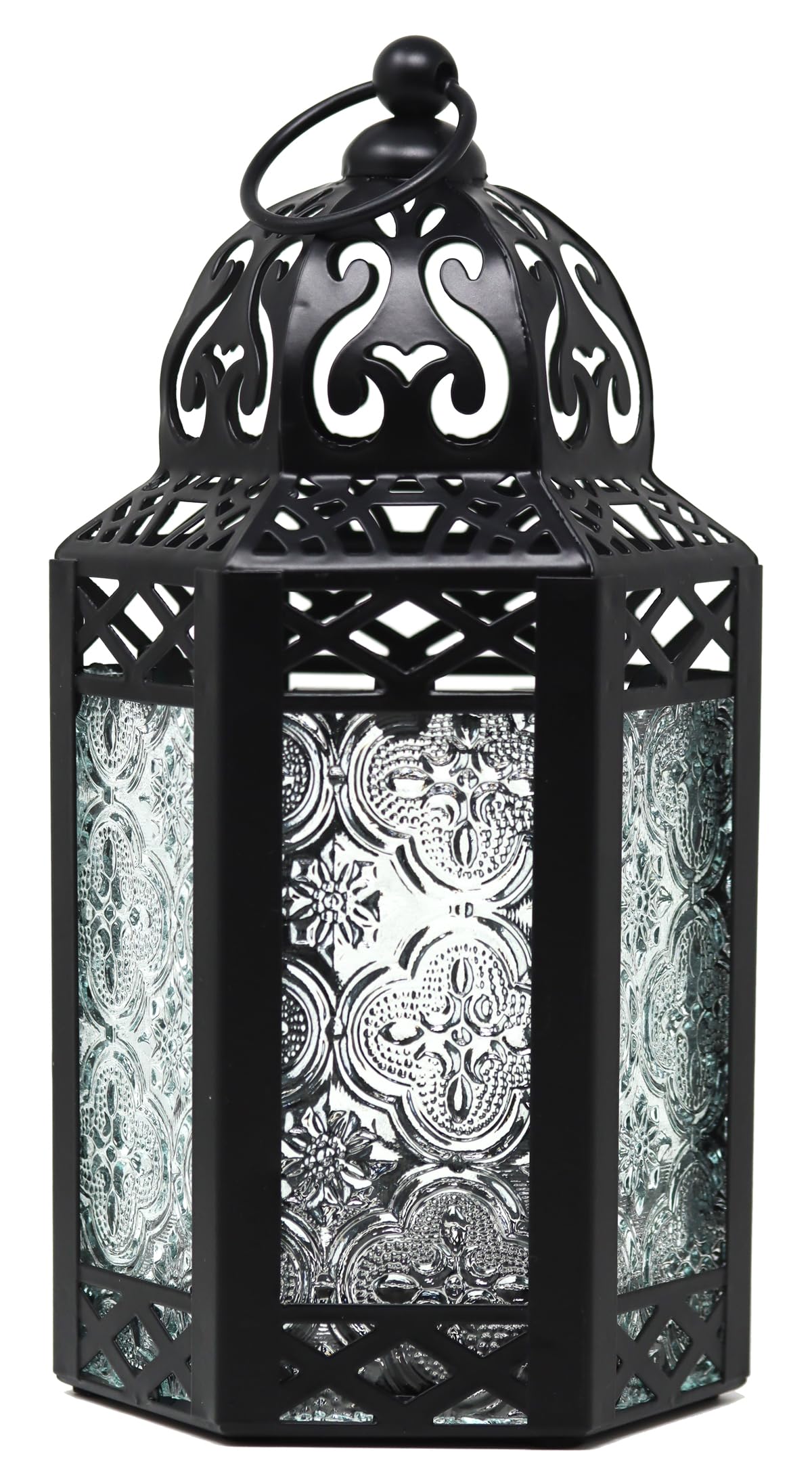 Black Metal Decorative Moroccan Lantern Candle Holder Lamp for Indoor or Outdoor Home Decor, Small, Clear