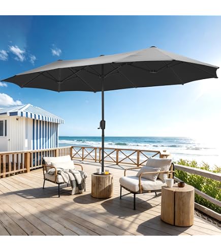 apontus 13 foot market patio umbrella outdoor furniture aluminum Ainfox 13ft Rectangle with Base, Double-Sided Twin Umbrella with Crank & 1.5