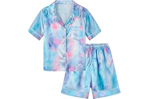 SCHBBBTA Girls & Womens Satin Pajamas Set, Silk Button-Down Sleepwear 2 Piece Nightwear, 3 Years - Women XXL