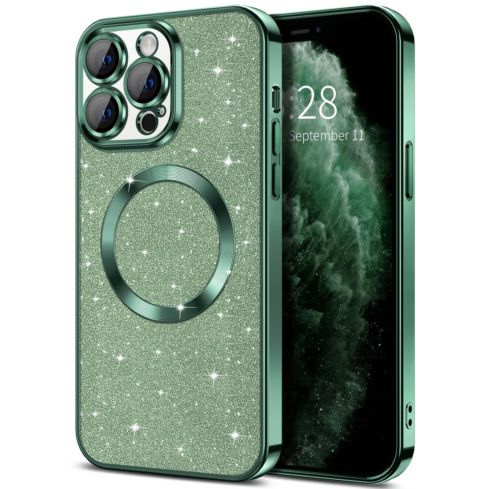 Photo 1 of Hython for iPhone 11 Pro Case Glitter, Clear Magnetic Phone Cases with Camera Lens Protector [Compatible with MagSafe] Bling Sparkle Plating Soft TPU Shockproof Protective Cover Women Girls, Green