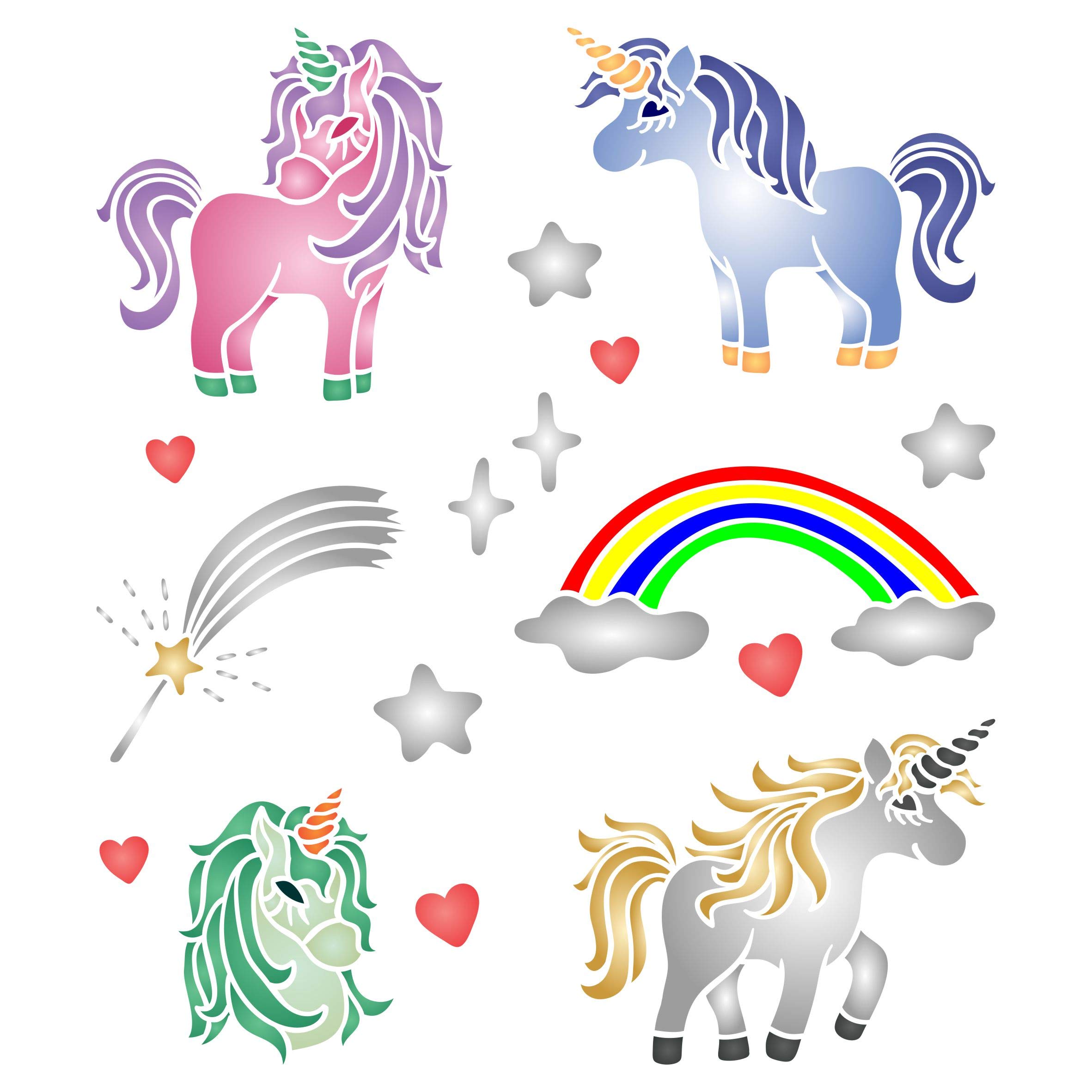 Unicorn Stencil Set, 16.51 x 19.05 cm - Stencils for Walls Original Childs Rainbow Unicorns Stencil