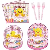 96Pcs Ducky Party Plates & Napkins, Ducky Birthday Party Decorations, Pink Disposable Tableware Set, Plates, Forks, Napkins for Girls, Serve 24 Guests