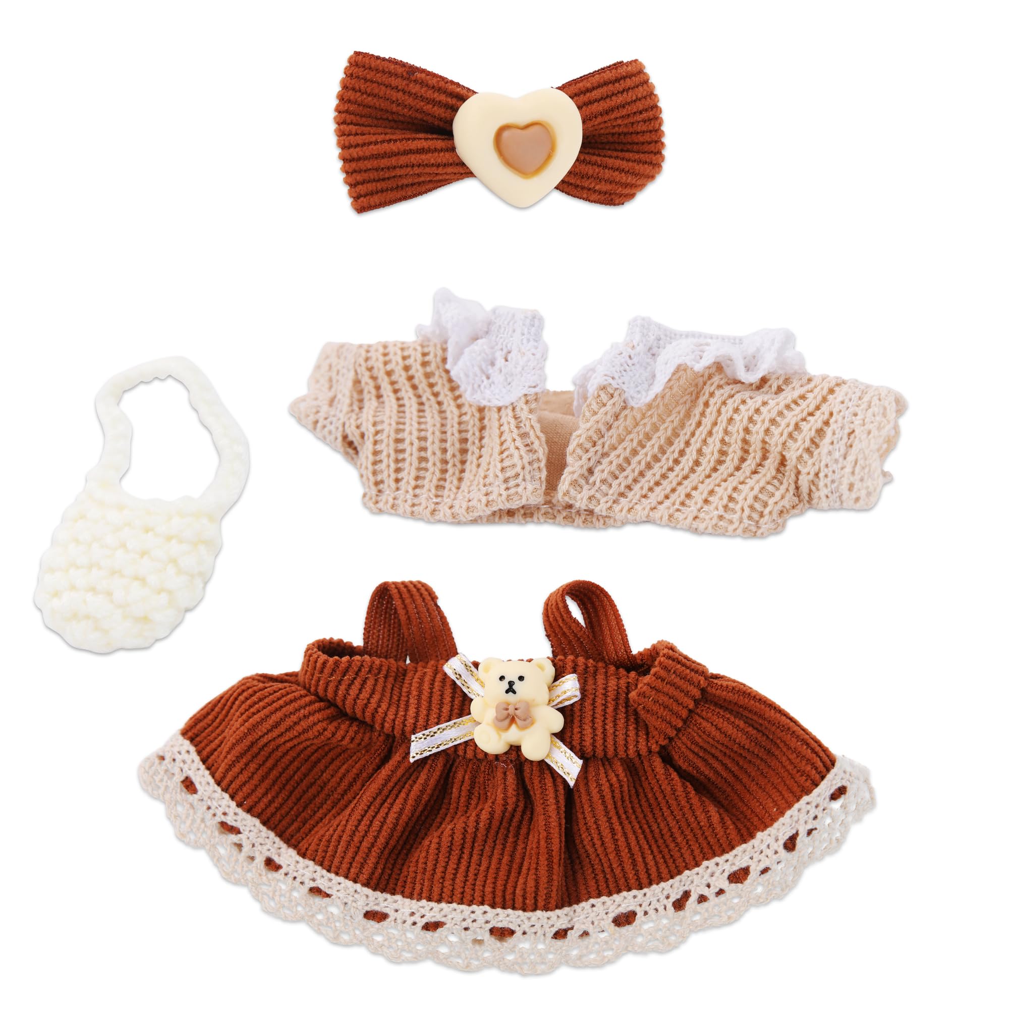 Photo 1 of 17cm Doll Clothes Outfit Set (No Doll) - Adorable Crochet & Fashion Brown Dress& Bag Accessories, Accessories for 15-17cm Dolls, Handmade Dolls Clothes for Dress-Up and Display