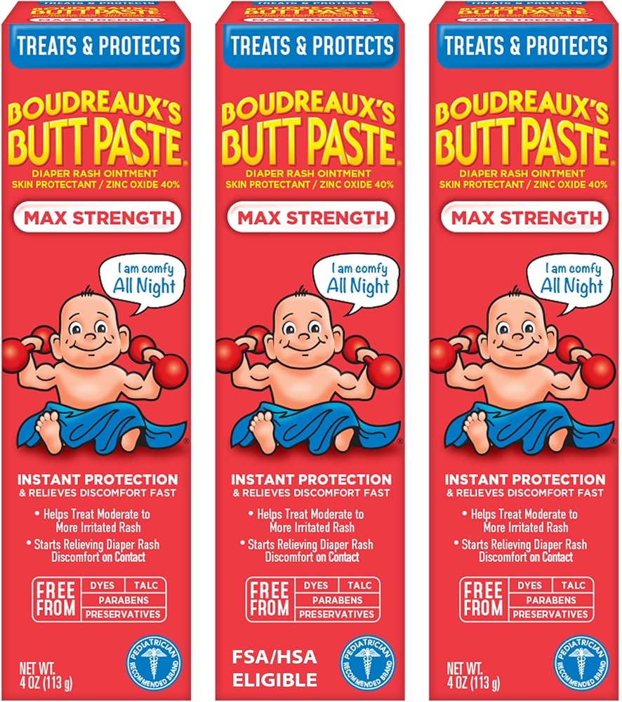 Boudreaux’s Butt Paste Maximum Strength Diaper Rash Cream, 4 Oz, Pack of 3 | Diaper Cream for Baby, Ointment With Zinc Oxide,