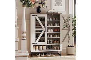 Maupvit 42.1" Farmhouse Shoe Cabinet with Ventilated Mesh Doors, 6-Tier Shoe Storage Cabinet with Adjustable Shelves & Metal Legs, Rustic Wooden Shoe Rack Organizer for Entryway, Hallway, Foyer, White