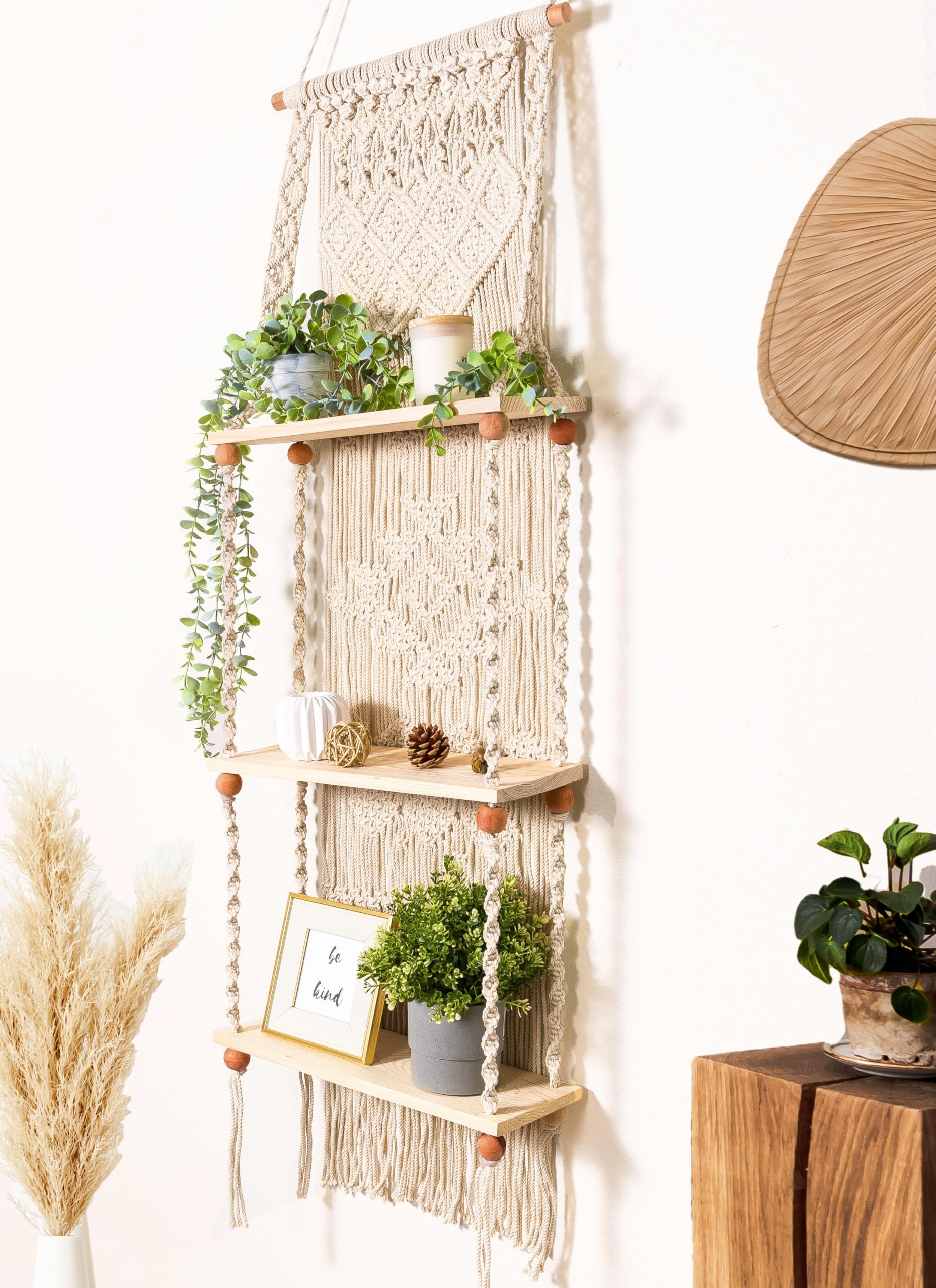 Induslyfe Macrame Wall Hanging Shelf 3 Tier Boho Wall Plant Hanger ...