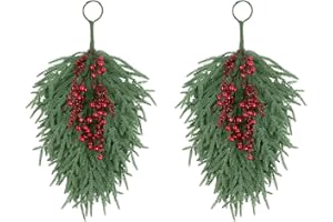 U'Artlines 2 Pcs Christmas Teardrop Swag for Front Door, 25 Inch Artificial Greenery Swag Winter Teardrop Xmas Norfolk Pine Needles Swags with Red Berries for Holiday Window Wall Decor