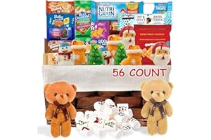 SARAH'S CANDY FACTORY Christmas Gift Set Basket 56 Count, Includes Snacks, Cookies, Individually Wrapped Christmas Marshmallow Treats, Two Teddy Bears, Holiday Party Favors for Friends, Students