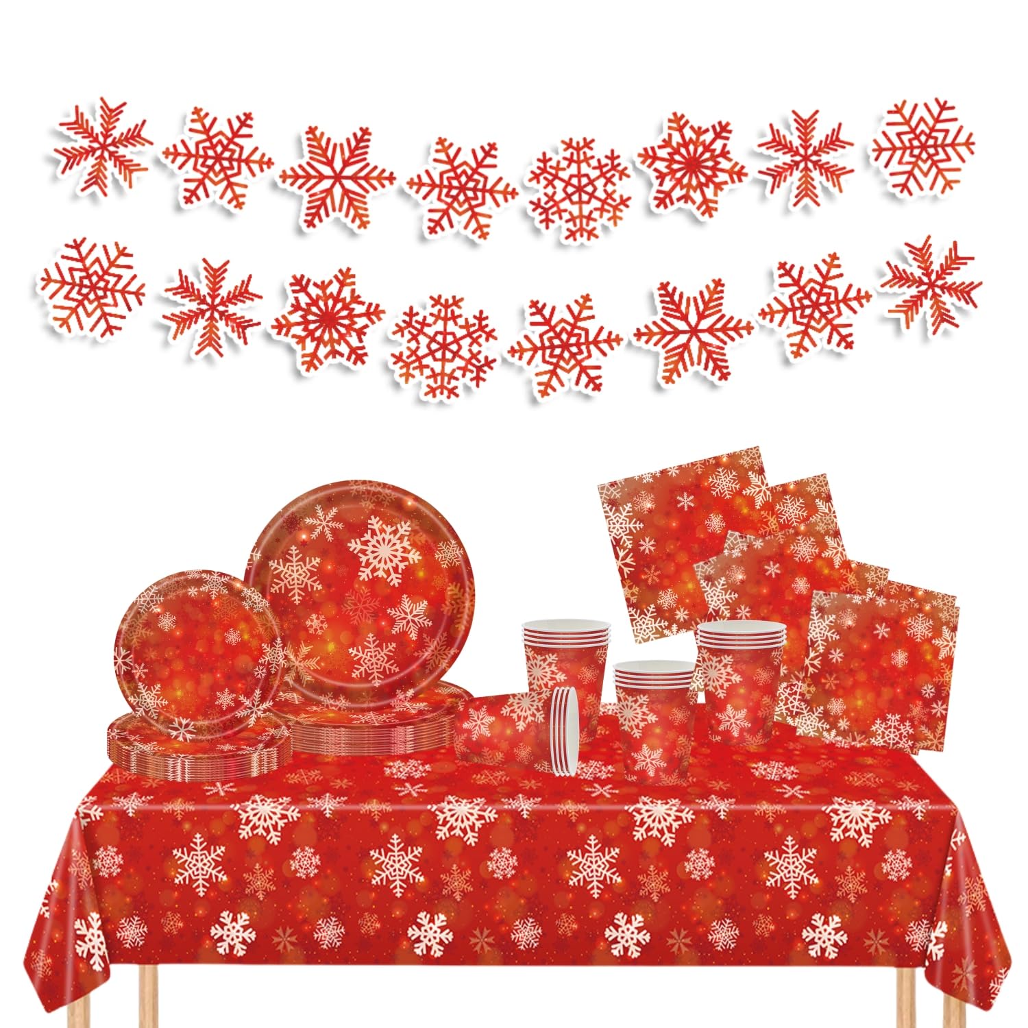 70pcs Christmas Party Red Tableware Set With Red Snowflake Paper Cups Napkins Plates and Snowflake Table Cloth