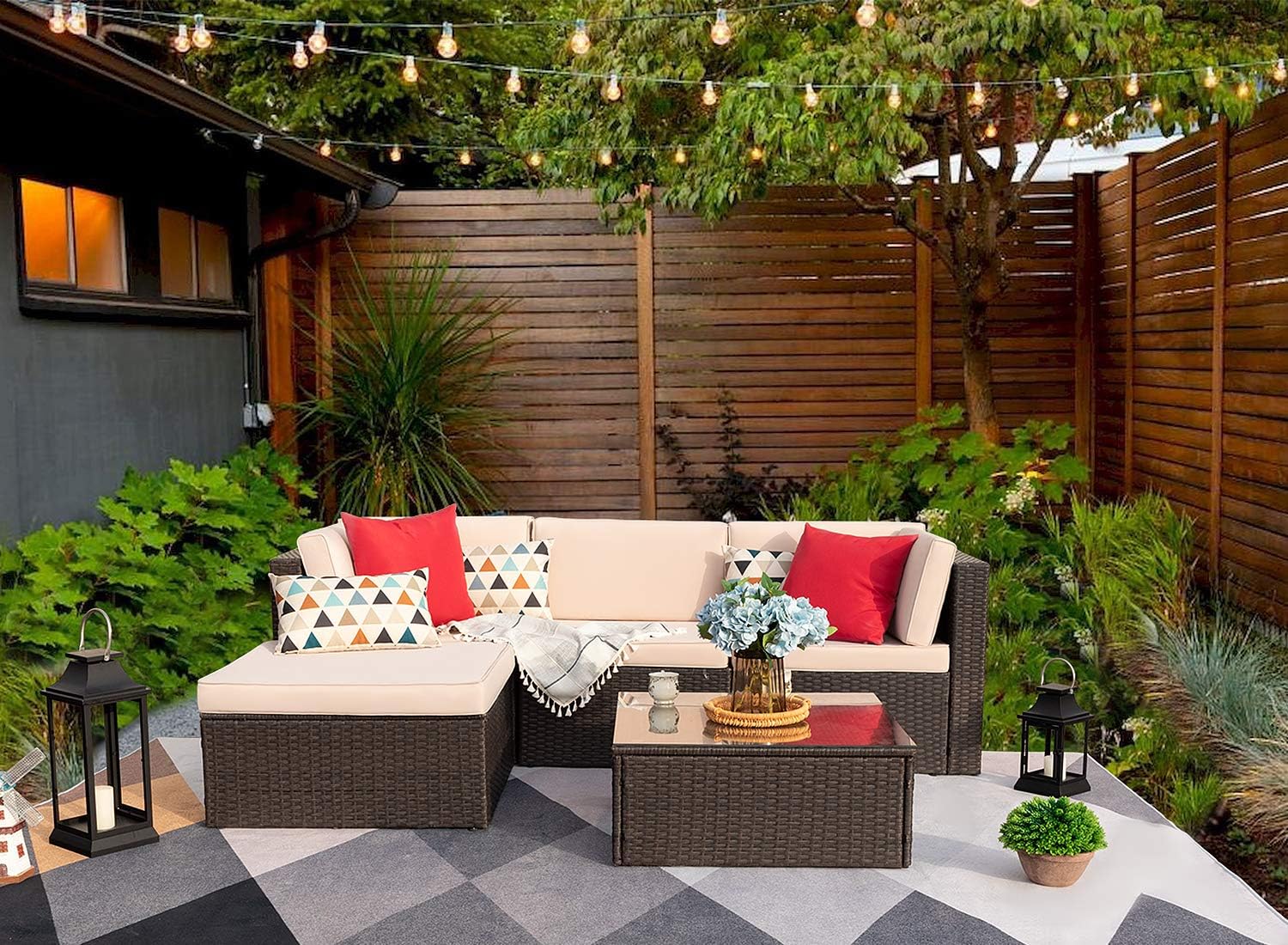 Devoko 5 Pieces Patio Furniture Sets All-Weather Outdoor Sectional Sofa Manual Weaving Wicker Rattan Patio Conversation Set with Cushion and Glass Table (Beige): Garden & Outdoor