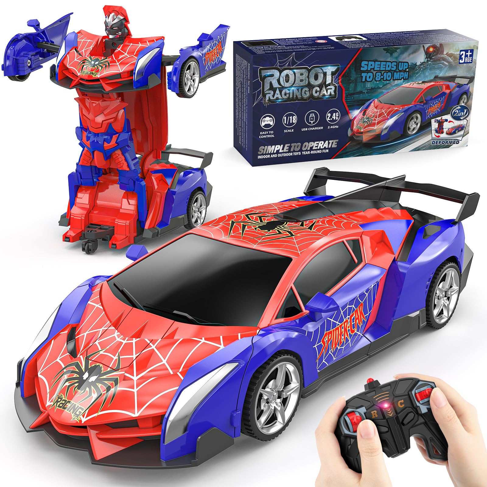 Buoeuik Spider Remote Control Robot Car, Transforming RC Car 1:18 2.4GHz Racing Vehicle Toy for Kids Boys Girls Age 3 4 5 6 7 8 9 10 Years Old Children Christmas Birthday Gift Present