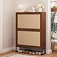 AVZEAR Freestanding Shoe Organizer with 2 Flip Drawer Doors, Entryway & Closet Shoe Storage, Linen Doors, Walnut
