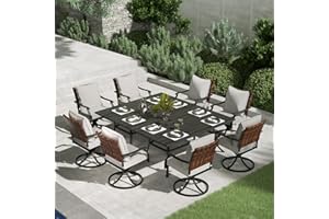 Grand patio 10-Piece Outdoor Dining Set, 8 Leather-Look Wicker Swivel Patio Chairs & 2 Rectangular Dining Table, Black