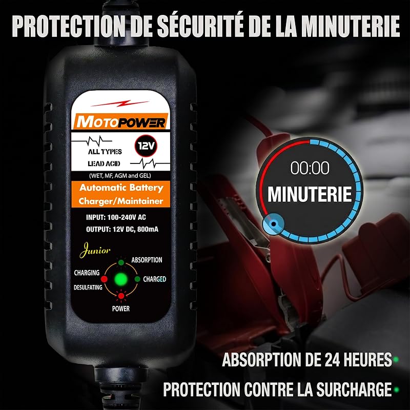 MP00205A 12V 800mA Entièrement Chargeur de Batterie Automatique/Mainteneur pour Voitures, Motos, ATV, RVS, Powersports, Bateau et Plus Encore
