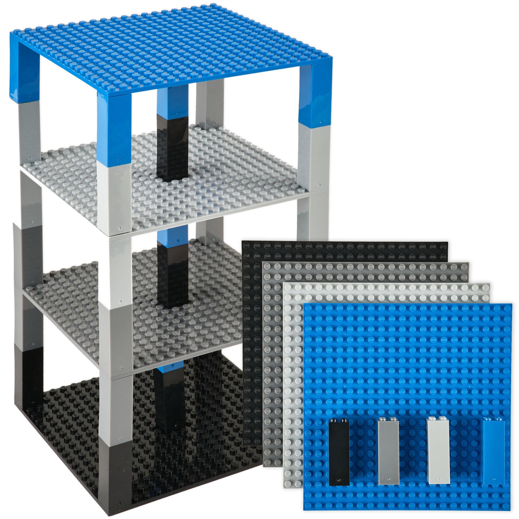 Space Themed Blue, Gray, Black Stackable Base Plates - 4 Pack 15cm X 15cm Baseplates with 40 5cmx5cm Stackers - Tower Construction - Compatible with LEGO Blocks, Compatible with LEGO Baseplates