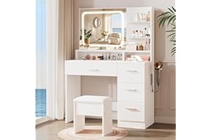 LIVELYGLOW Makeup Vanity Desk Set, 35.4“Wx15.7”Dx53.9“H, White (Smart LED Mirror, with Cushion Stool, Hairdryer Rack, Power-Outlet, 4 Drawers, Open Shelves)