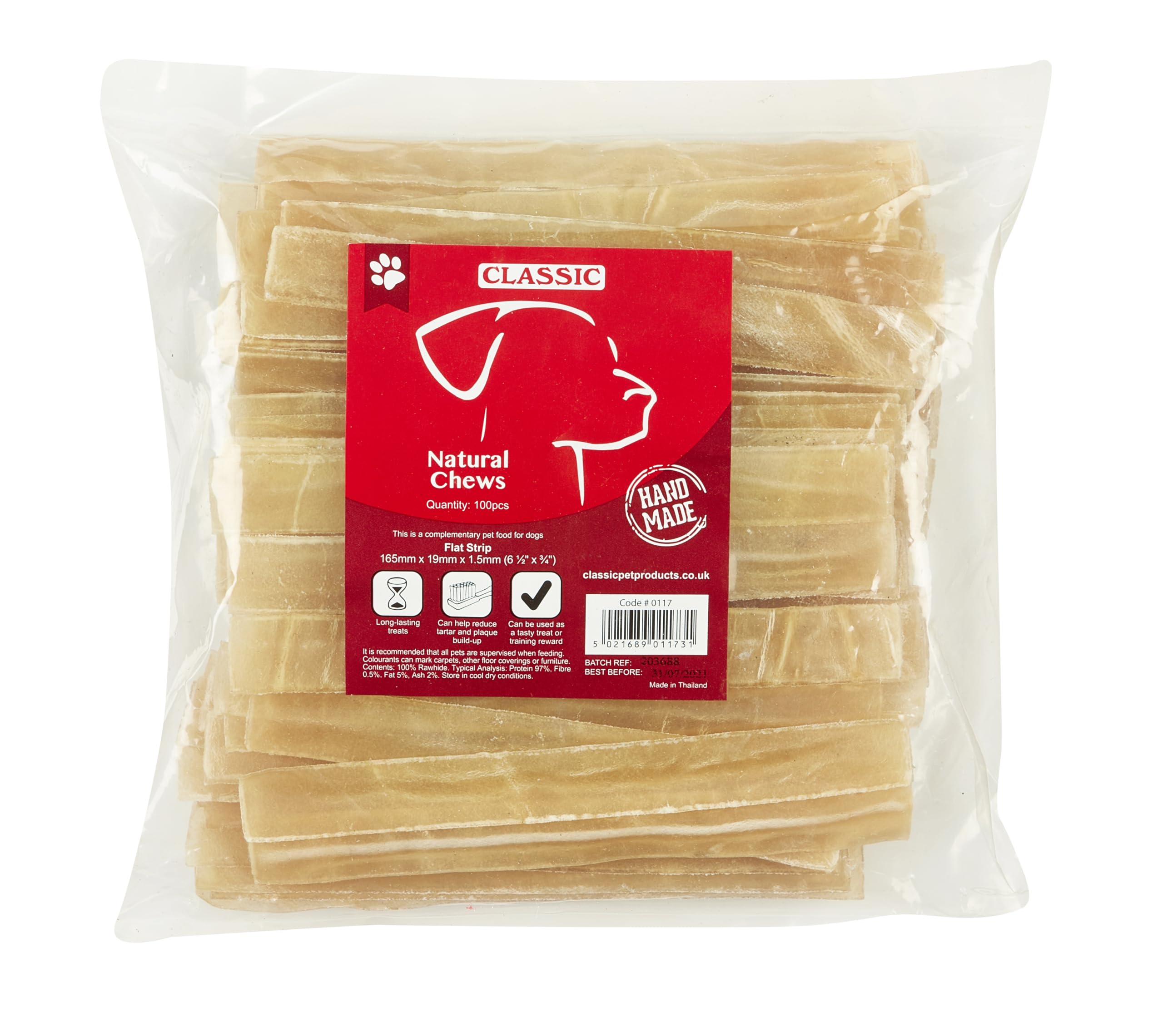 Classic Pet Products Rawhide Flat Strip for Dogs, 165 x 19 x 1.5 mm, Pack of 100