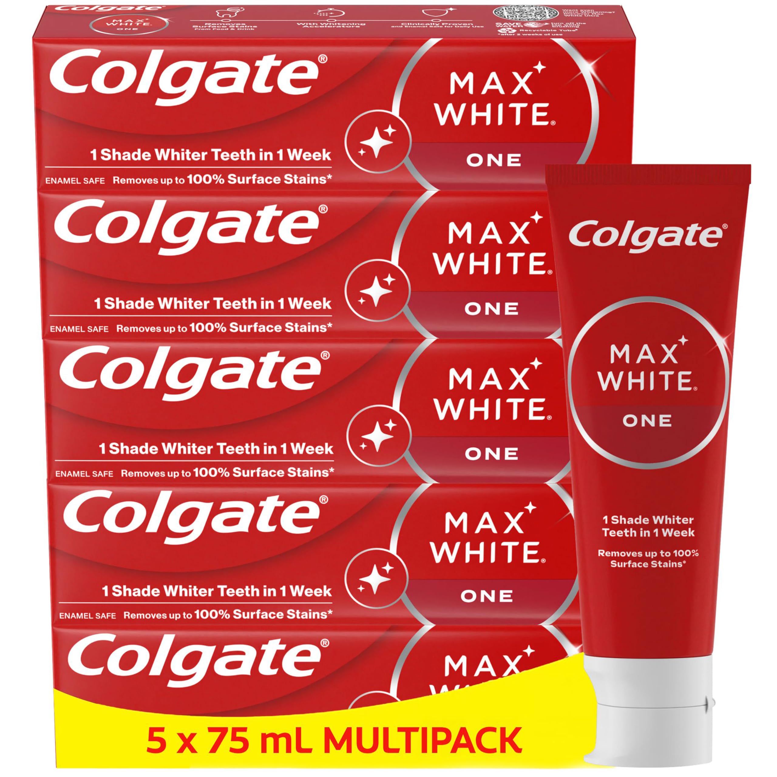 Colgate Max White One Whitening Toothpaste 5 x 75ml | Clinically Proven Formula That Removes up to 100% of Surface Stains | 1 Shade Whiter in 1 Week | Teeth whitening Toothpaste | Fluoride Toothpaste