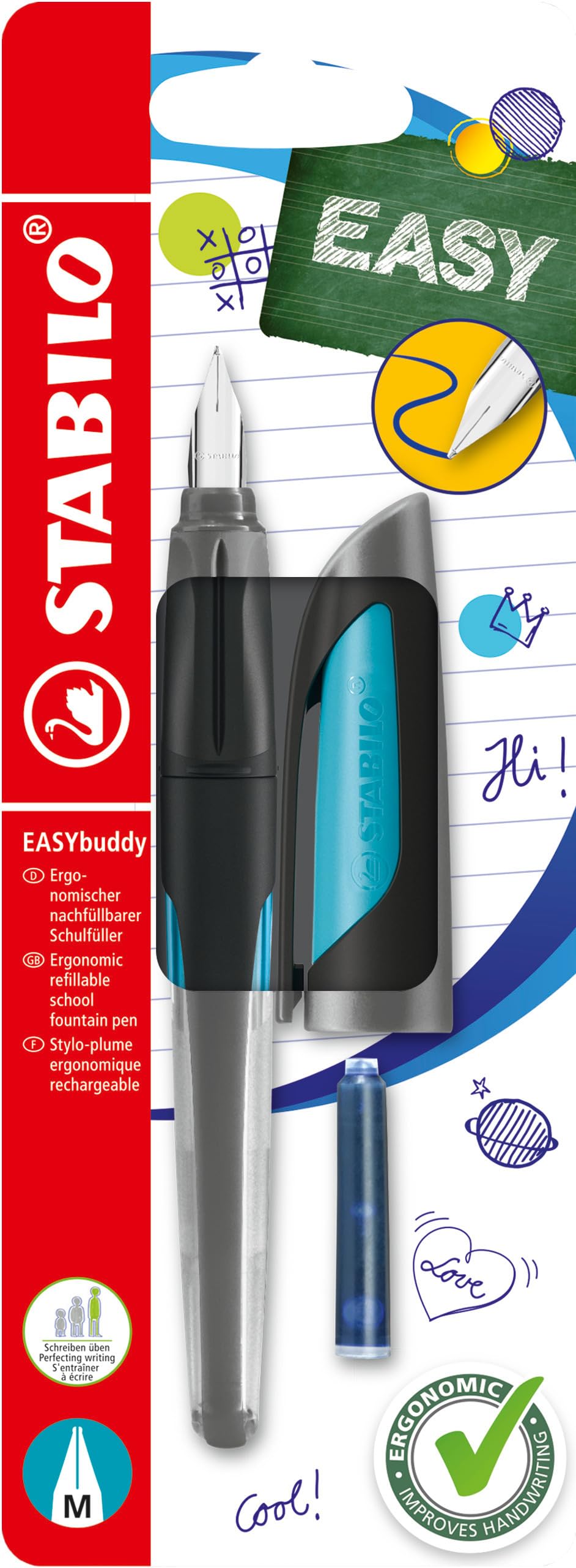 Ergonomic School Fountain Pen - STABILO EASYbuddy - M Nib - Black/Sky Blue