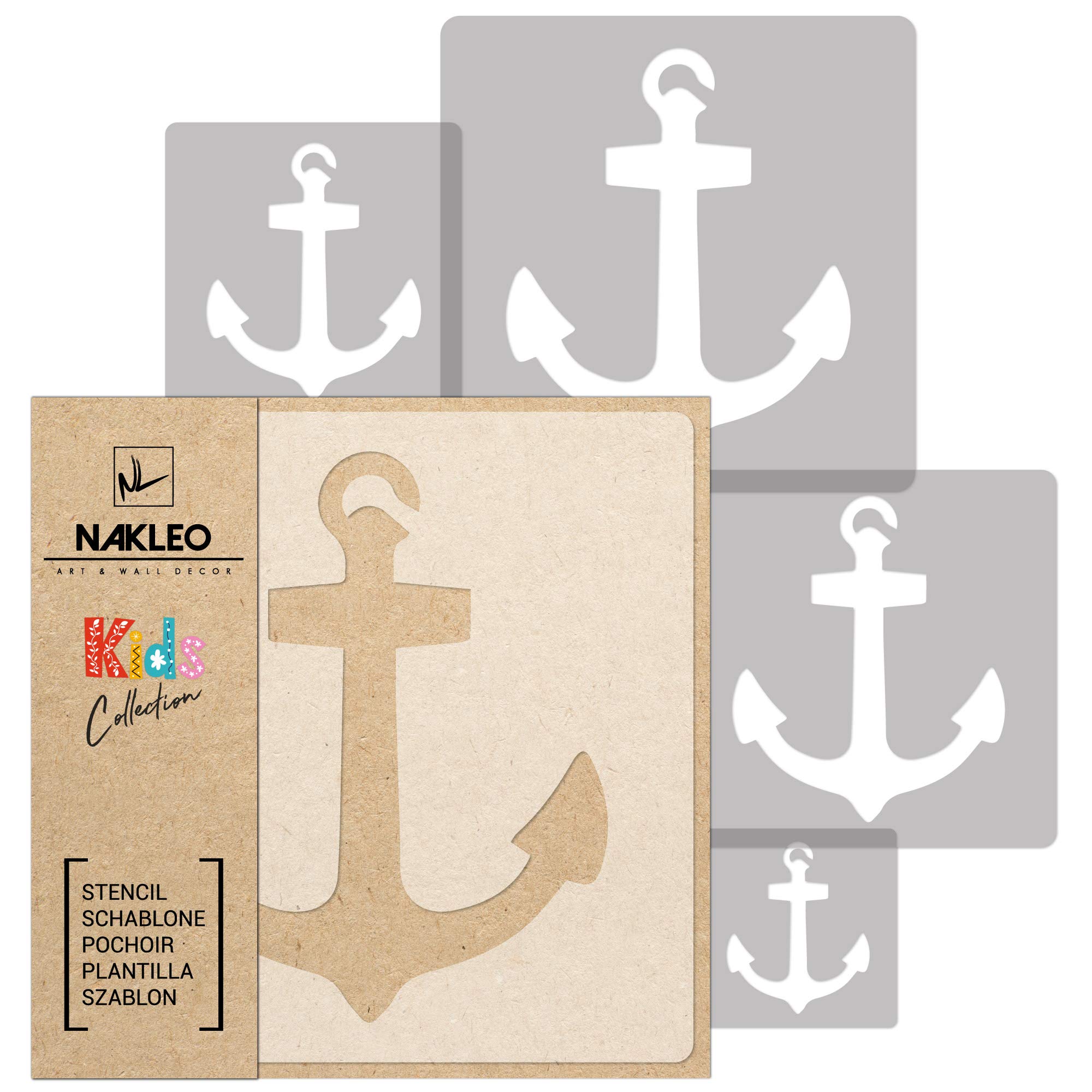 NAKLEO Painting Stencils Set for Nursery Room, 5 Pcs Templates 9x9 to 34x34cm Anchor Anker Seafaring, Plastic and Reusable Drawing Stencils, Decor, Craft DIY Wall Furniture