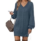 VAFOLY Women's Pullovers Jumper Sweaters Lantern Sleeve Casual V Neck Fall Knit Mini Sweater Dresses