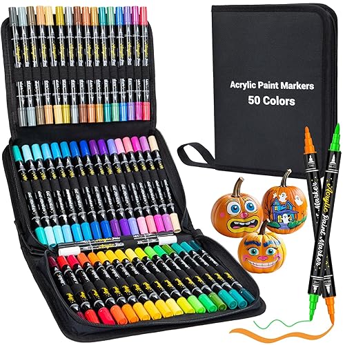 APOGO Acrylic Paint Pens - 50 Colours Dual Tip Acrylic Markers, Fine & Brush Tip Paint Markers Pens for Colouring Rock Painting Stone Wood Glass Ceramic Plastic Fabric Canvas