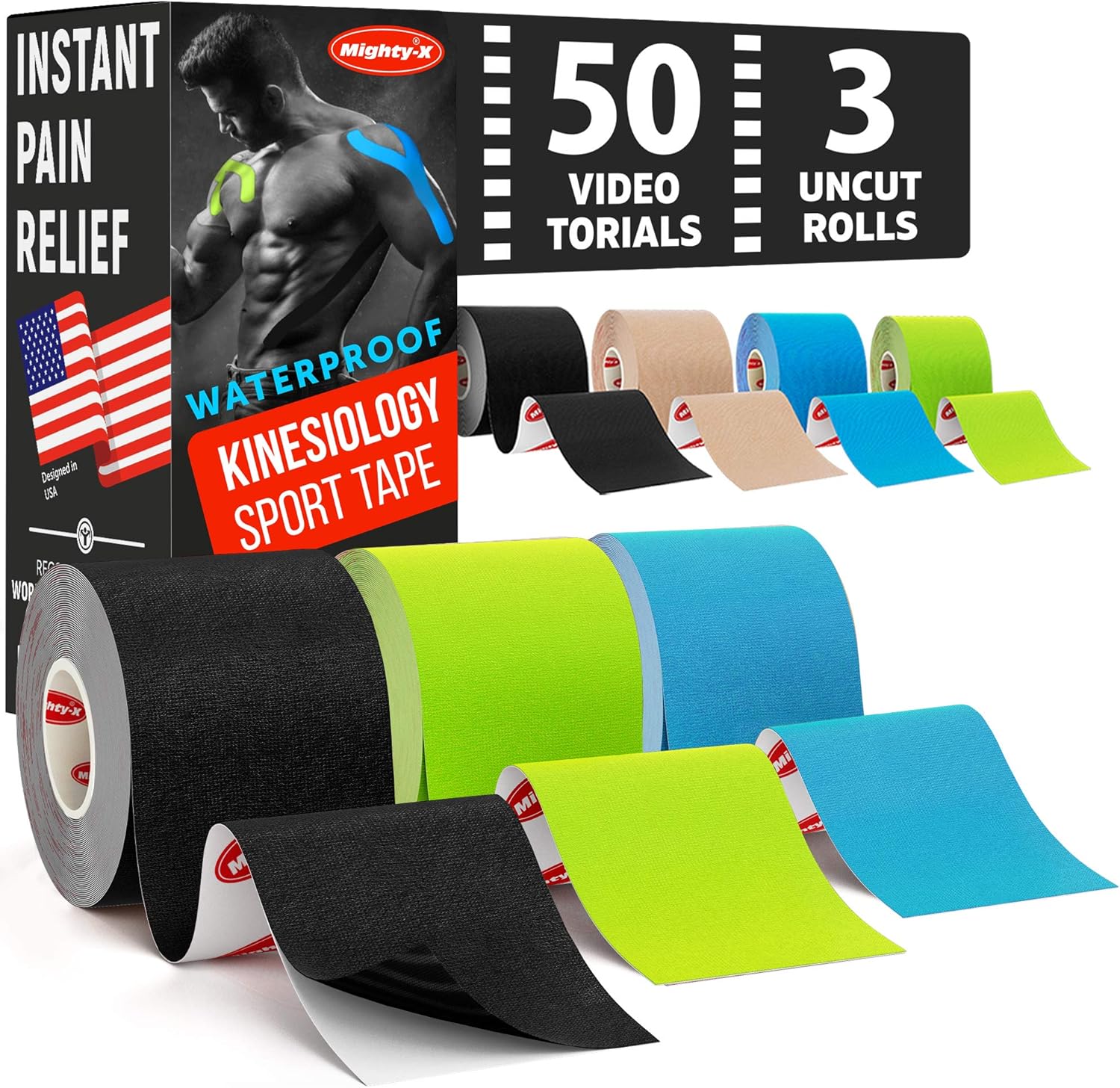 (3 Uncut Rolls) Waterproof Kinesiology Tape - Immediate Pain Relief - 16.4ft Runners Tape with Great Adhesion + 50 Video Guides - Latex Free - K Tape Roll: Health & Personal Care
