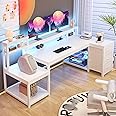 EnHomee 71" L Shaped Gaming Desk with LED Lights, White Computer Desk with Drawers and Printer Shelf, Power Outlet, Reversible Home Office Desks with Storage and Monitor Stand